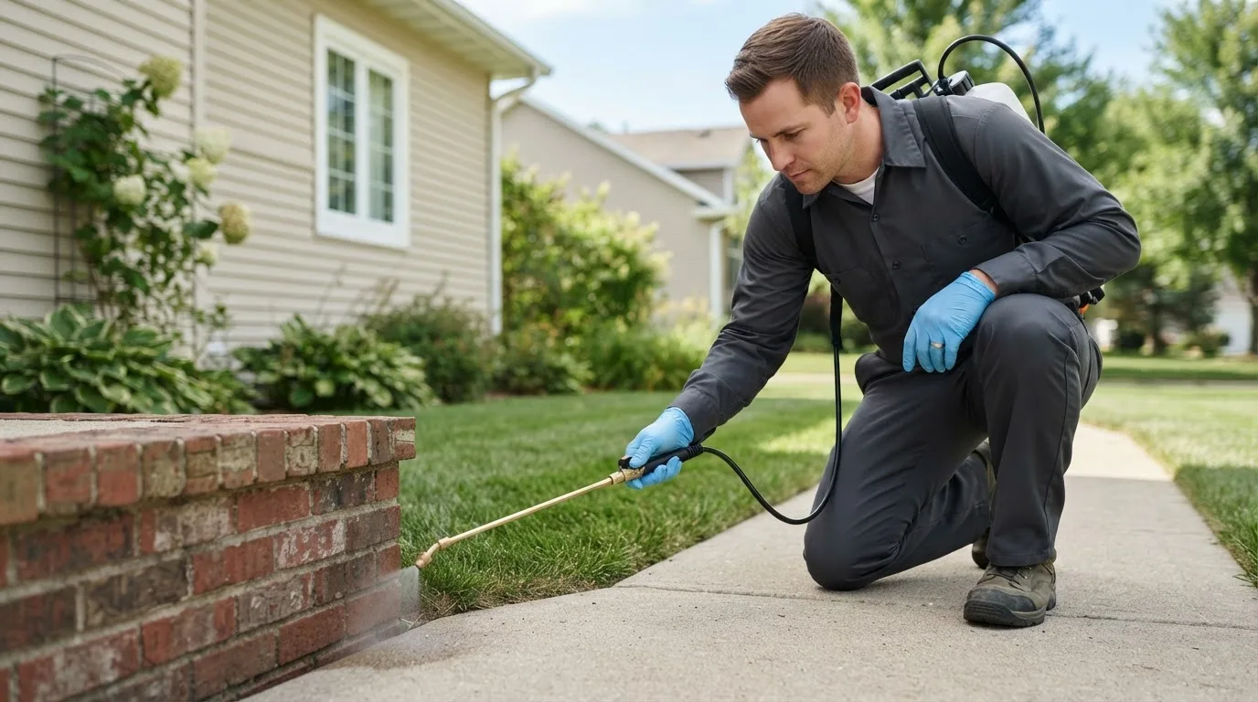 Pest control technician treating a home near Madison, KS